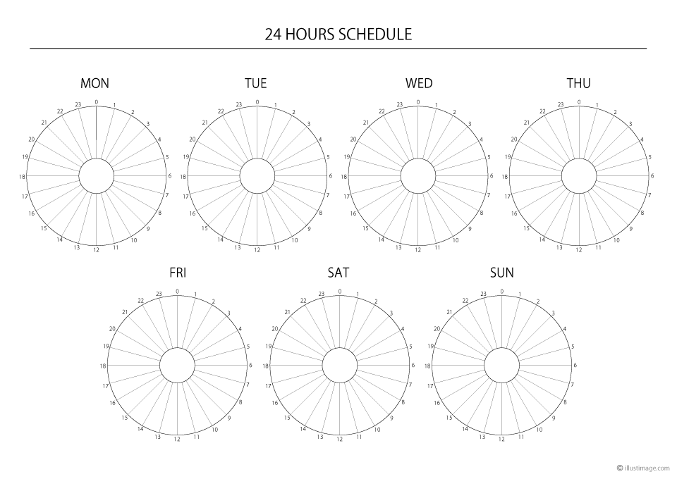 曜日別の24時間円グラフスケジュールの無料イラスト素材 イラストイメージ