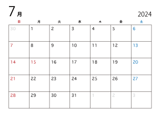 2024年7月のカレンダー（日本語）