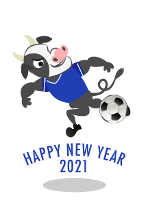 サッカーでシュートする牛の年賀状