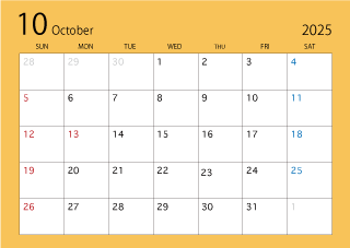 2025年10月カレンダー（カラー）