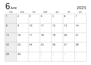 2023年6月カレンダー（白黒）