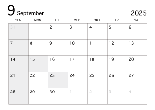 2023年9月カレンダー（白黒）