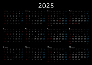 黒色の2025年カレンダー