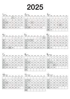 縦向きの2025年白黒カレンダー