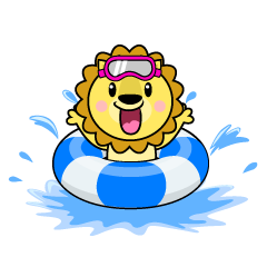 水遊びするライオンキャラ