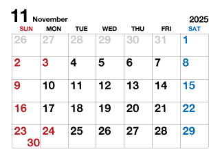 2023年11月カレンダー（文字大）