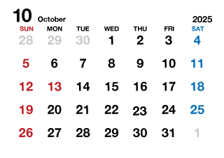 2023年10月カレンダー（文字大枠無）