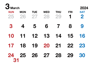 2024年3月カレンダー（文字大枠無）