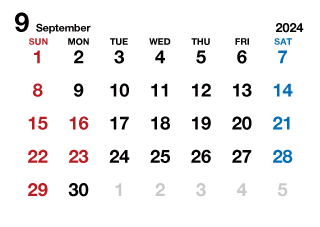 2024年9月カレンダー（文字大枠無）