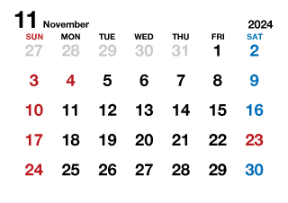 2024年11月カレンダー（文字大枠無）