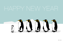列になって歩くペンギンの年賀状