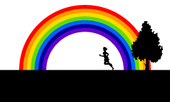 草原を走る少女にかかる虹
