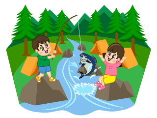 キャンプで釣りする子供