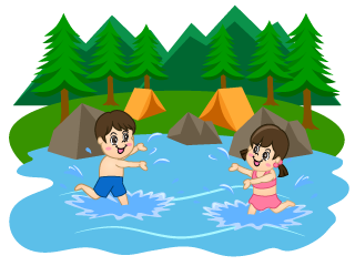 キャンプで水遊びする子供