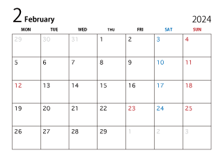 2024年2月カレンダー（月曜始まり）