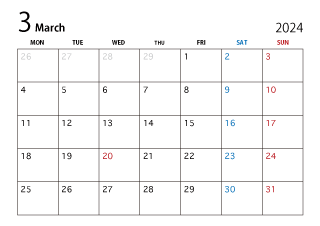 2024年3月カレンダー（月曜始まり）