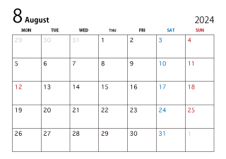 2024年8月カレンダー（月曜始まり）