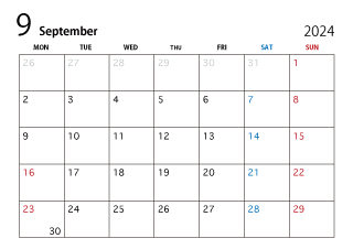 2024年9月カレンダー（月曜始まり）