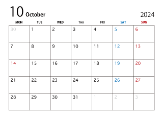 2024年10月カレンダー（月曜始まり）