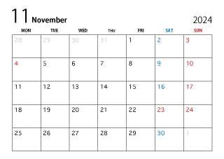 2024年11月カレンダー（月曜始まり）