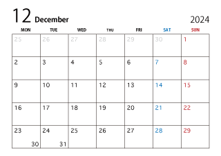 2024年12月カレンダー（月曜始まり）
