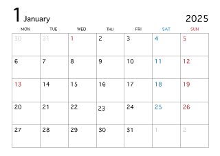2025年1月カレンダー（月曜始まり）