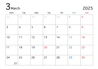 2025年3月カレンダー（月曜始まり）