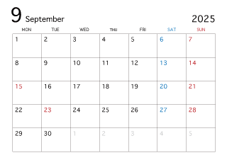 2025年9月カレンダー（月曜始まり）