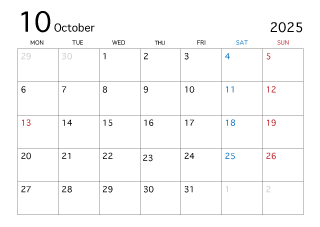 2025年10月カレンダー（月曜始まり）