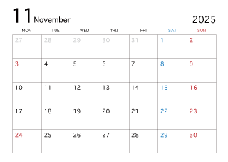 2025年11月カレンダー（月曜始まり）