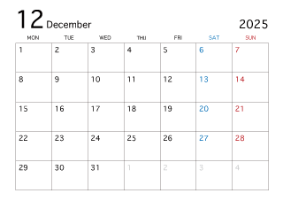 2025年12月カレンダー（月曜始まり）
