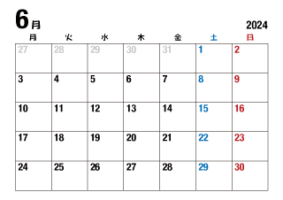 2024年6月カレンダー（月曜始・日本語）