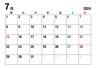 2024年7月カレンダー（月曜始・日本語）