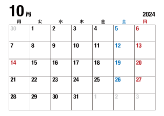 2024年10月カレンダー（月曜始・日本語）