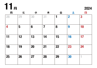 2024年11月カレンダー（月曜始・日本語）