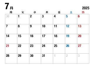2025年7月カレンダー（月曜始・太字）