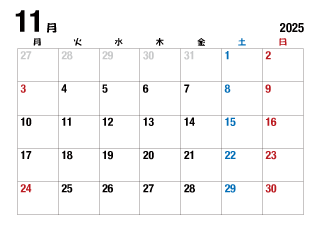 2025年11月カレンダー（月曜始・太字）