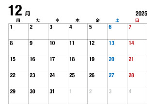 2025年12月カレンダー（月曜始・太字）