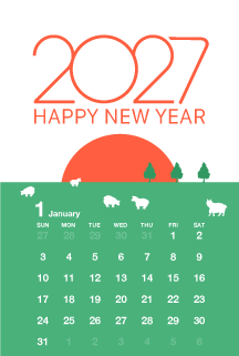 牧場の羊の1月カレンダー付き年賀状