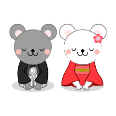 新年の挨拶する着物のネズミ夫婦