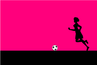 ドリブルする女子サッカー選手（背景ピンク）