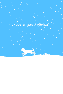 雪にはしゃぐ白犬の寒中見舞いはがき
